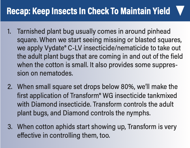 Recap: 1. Tarnished plant bug usually comes in around pinhead square. When we start seeing missing or blasted squares, we apply Vydate® C-LV insecticide/nematicide to take out the adult plant bugs that are coming in and out of the field when the cotton is small. It also provides some suppression on nematodes. 2. When small square set drops below 80%, we’ll make the first application of Transform® WG insecticide tankmixed with Diamond insecticide. Transform controls the adult plant bugs, and Diamond controls the nymphs. 3. When cotton aphids start showing up, Transform is very effective in controlling them, too.