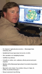 B.S. degree in agricultural economics — Mississippi State University, 1994. Established Graves Agronomy Service Inc. in 2003. Also operates a soil sampling business. Certified Crop Advisor. Consults on cotton, corn, soybeans, wheat, peanuts and grain sorghum. Member of the Mississippi Agricultural Consultants Association (MACA). Married to wife, Kristen. Four children: Drew, 21; Claire, 19; Griffin, 10; and Ella Bronwyn, 7. Enjoys tournament bass fishing.